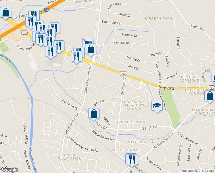 map of restaurants, bars, coffee shops, grocery stores, and more near 865 Bellevue Road in Nashville