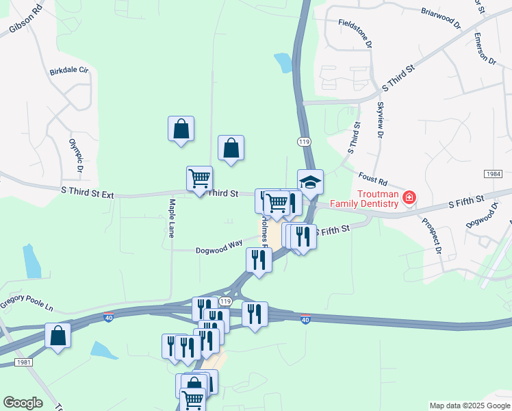 map of restaurants, bars, coffee shops, grocery stores, and more near 1151 Holmes Road in Mebane