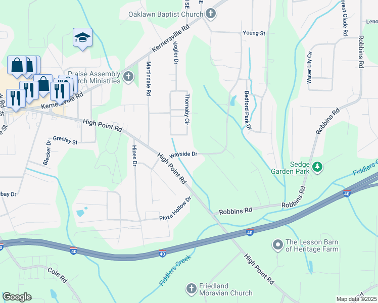 map of restaurants, bars, coffee shops, grocery stores, and more near 159 Wayside Drive in Winston-Salem