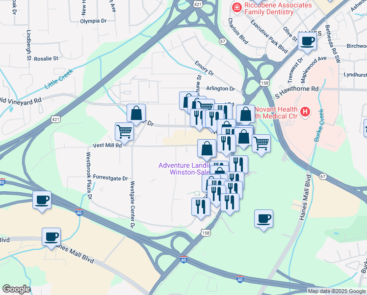 map of restaurants, bars, coffee shops, grocery stores, and more near 3512 Vest Mill Road in Winston-Salem