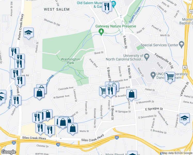 map of restaurants, bars, coffee shops, grocery stores, and more near 312 Gloria Avenue in Winston-Salem