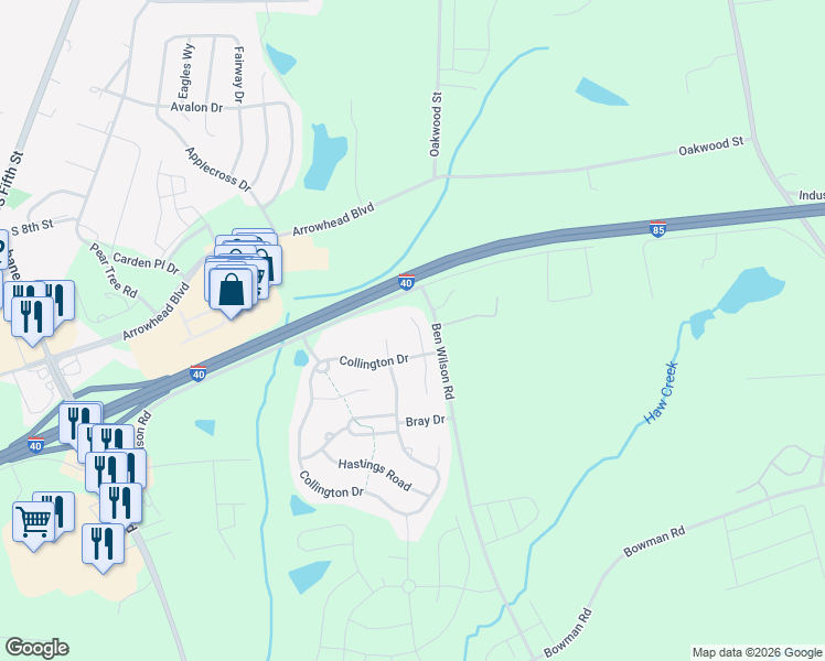 map of restaurants, bars, coffee shops, grocery stores, and more near 110 Norwood Court North in Mebane