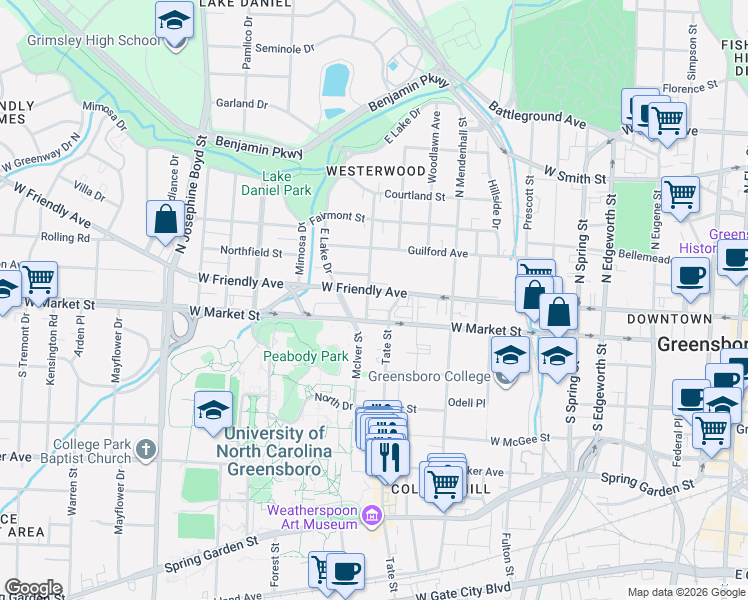 map of restaurants, bars, coffee shops, grocery stores, and more near in Greensboro