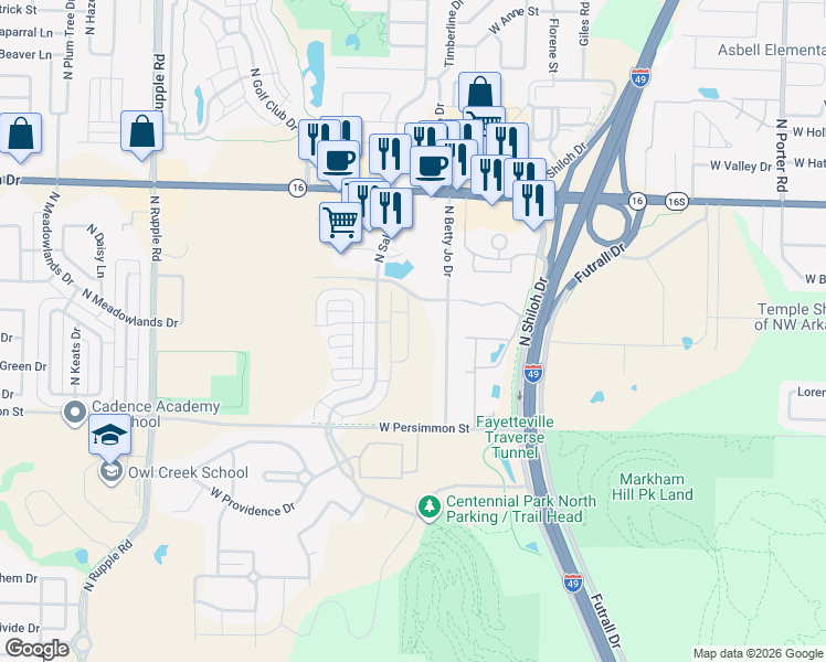 map of restaurants, bars, coffee shops, grocery stores, and more near 625 N Betty Jo Dr in Fayetteville