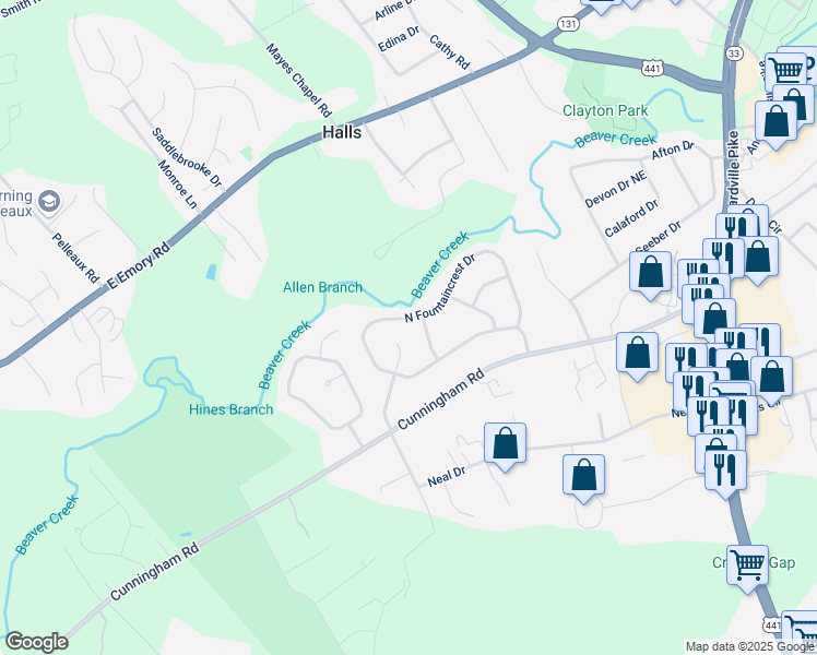 map of restaurants, bars, coffee shops, grocery stores, and more near 3448 North Fountaincrest Drive in Knoxville