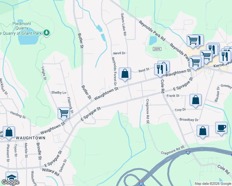map of restaurants, bars, coffee shops, grocery stores, and more near 2377 East Sprague Street in Winston-Salem