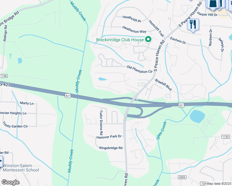 map of restaurants, bars, coffee shops, grocery stores, and more near 5222 Ivy Ridge Lane in Winston-Salem