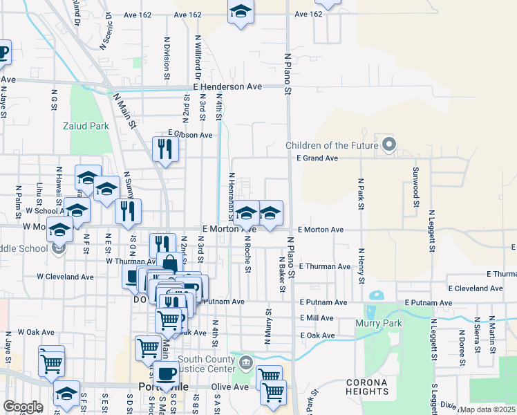 map of restaurants, bars, coffee shops, grocery stores, and more near 435 North Murry Street in Porterville