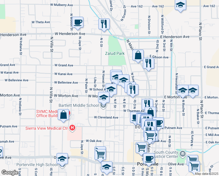 map of restaurants, bars, coffee shops, grocery stores, and more near 419 North El Granito Street in Porterville