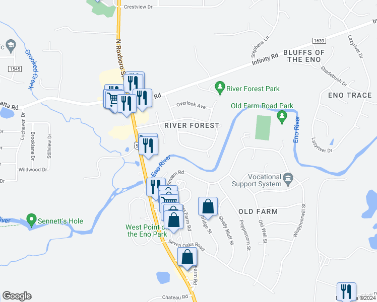 map of restaurants, bars, coffee shops, grocery stores, and more near 4717 High Meadow Road in Durham