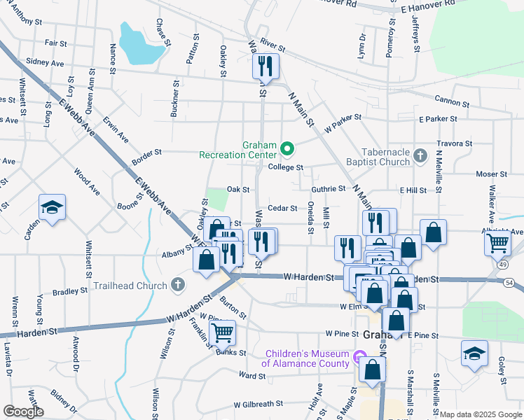 map of restaurants, bars, coffee shops, grocery stores, and more near 403 Poplar Street in Graham