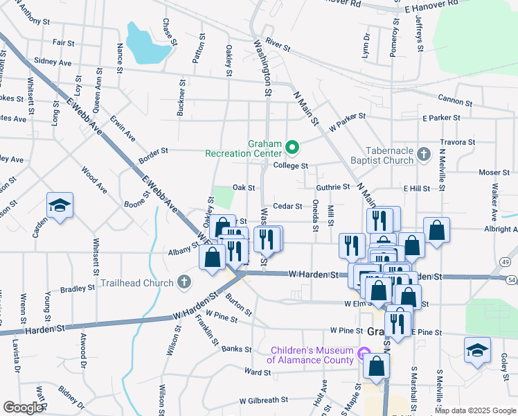 map of restaurants, bars, coffee shops, grocery stores, and more near 403 Poplar Street in Graham