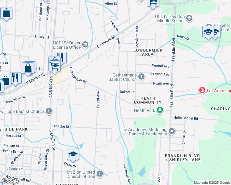 map of restaurants, bars, coffee shops, grocery stores, and more near 3512 Holts Chapel Road in Greensboro