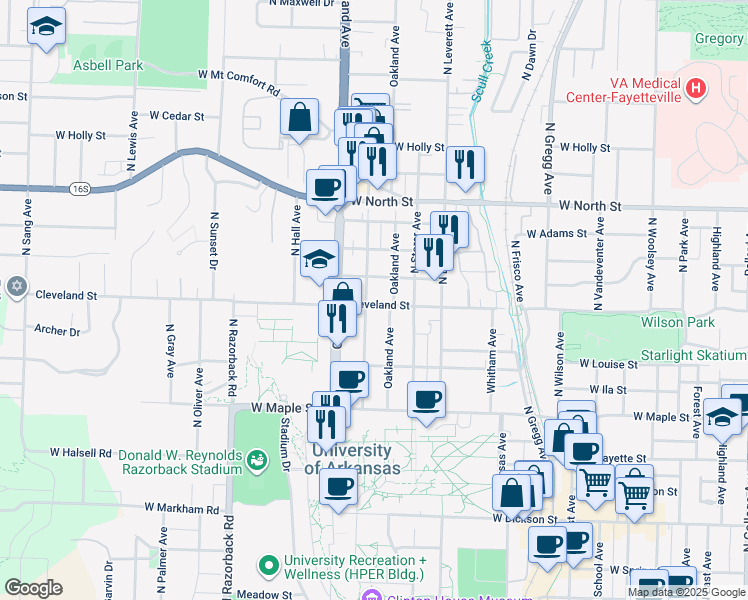 map of restaurants, bars, coffee shops, grocery stores, and more near 673 North Lindell Avenue in Fayetteville