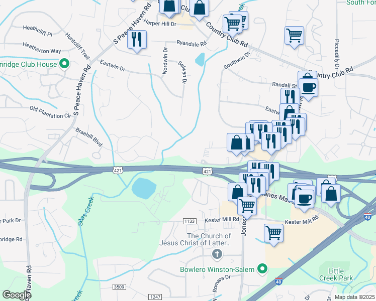 map of restaurants, bars, coffee shops, grocery stores, and more near 4825 Commercial Plaza Street in Winston-Salem