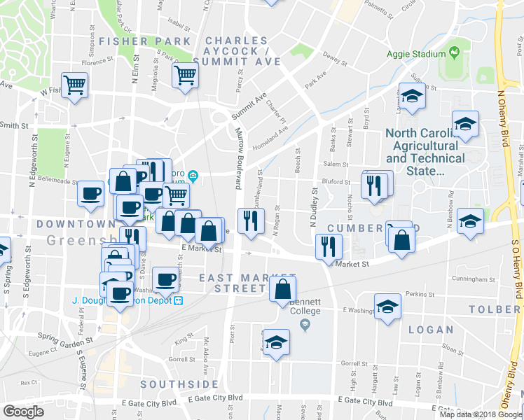 map of restaurants, bars, coffee shops, grocery stores, and more near 320 Cumberland Street in Greensboro