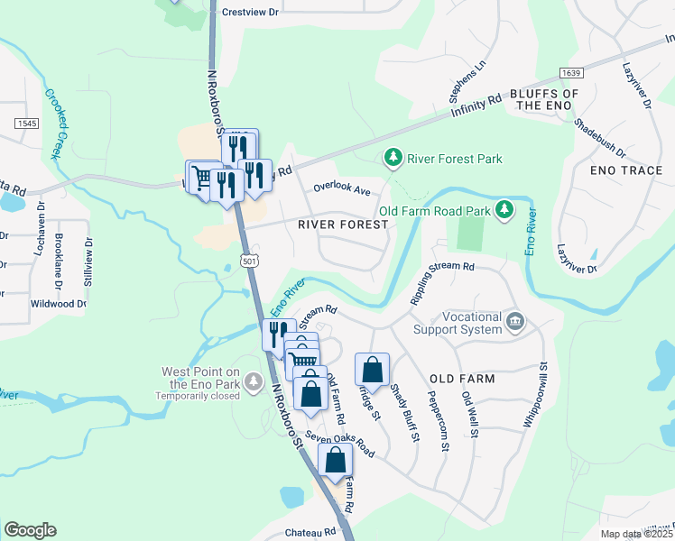 map of restaurants, bars, coffee shops, grocery stores, and more near 4717 High Meadow Road in Durham