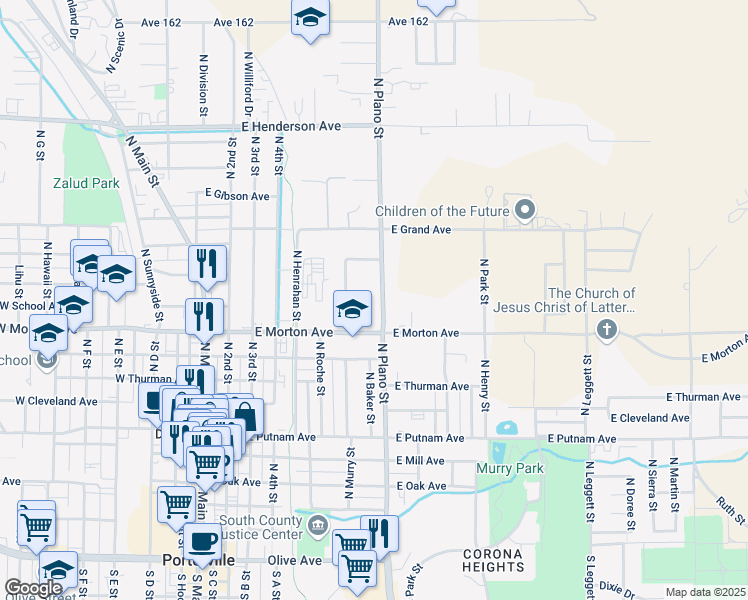 map of restaurants, bars, coffee shops, grocery stores, and more near 461 North Plano Street in Porterville