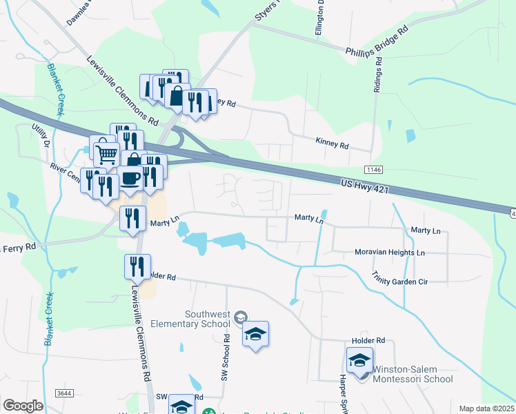 map of restaurants, bars, coffee shops, grocery stores, and more near 5901 Katlas Trail in Clemmons