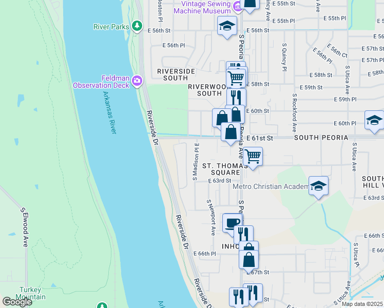 map of restaurants, bars, coffee shops, grocery stores, and more near 6132 South Madison Place in Tulsa