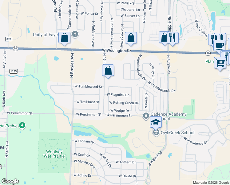 map of restaurants, bars, coffee shops, grocery stores, and more near 4545 West Flagstick Drive in Fayetteville