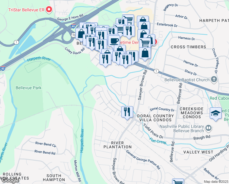 map of restaurants, bars, coffee shops, grocery stores, and more near 419 Plantation Court in Nashville