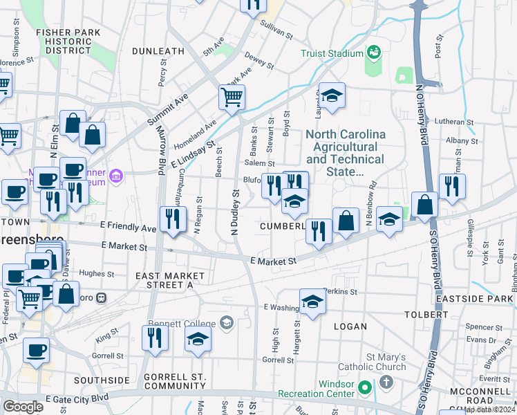 map of restaurants, bars, coffee shops, grocery stores, and more near Authur Headen Drive in Greensboro