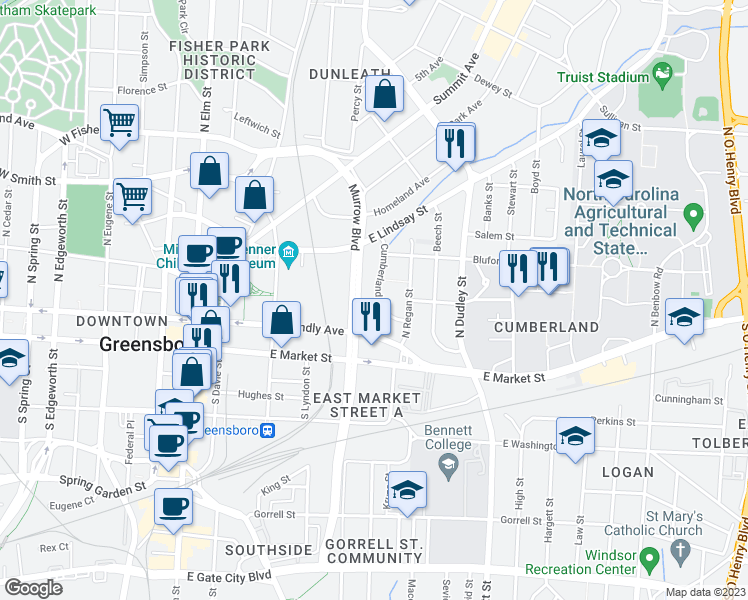 map of restaurants, bars, coffee shops, grocery stores, and more near 321 Cumberland Street in Greensboro