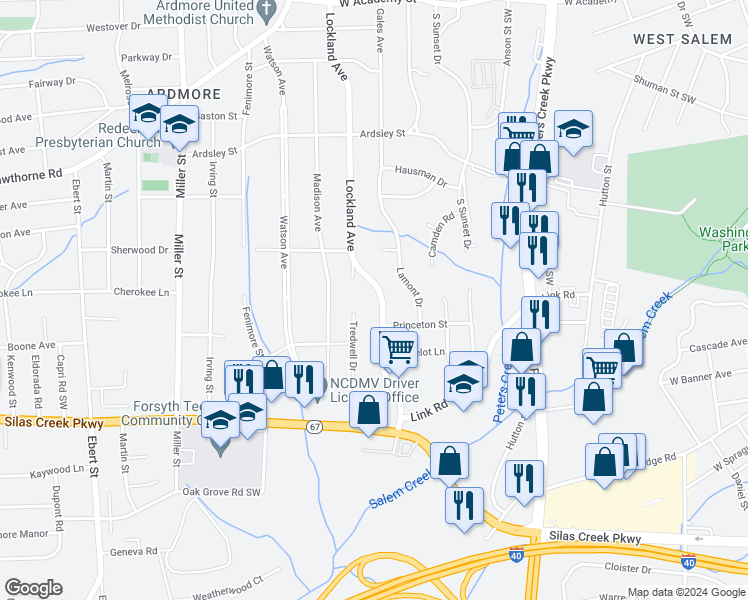 map of restaurants, bars, coffee shops, grocery stores, and more near 1152 Lockland Avenue in Winston-Salem