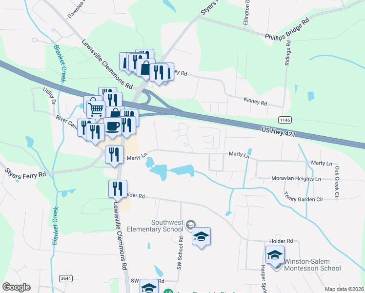 map of restaurants, bars, coffee shops, grocery stores, and more near 5854 Marty Lane in Clemmons