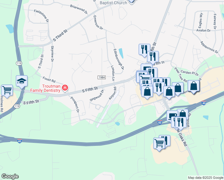 map of restaurants, bars, coffee shops, grocery stores, and more near 1015 Mebane Airport Road in Mebane