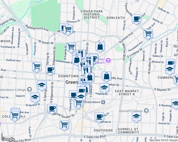 map of restaurants, bars, coffee shops, grocery stores, and more near 200 North Elm Street in Greensboro