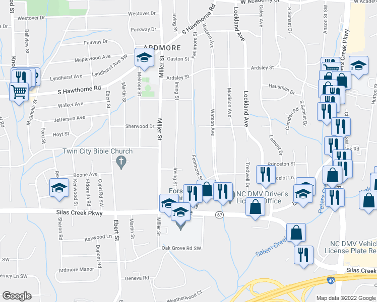 map of restaurants, bars, coffee shops, grocery stores, and more near 1204 Fenimore Street in Winston-Salem