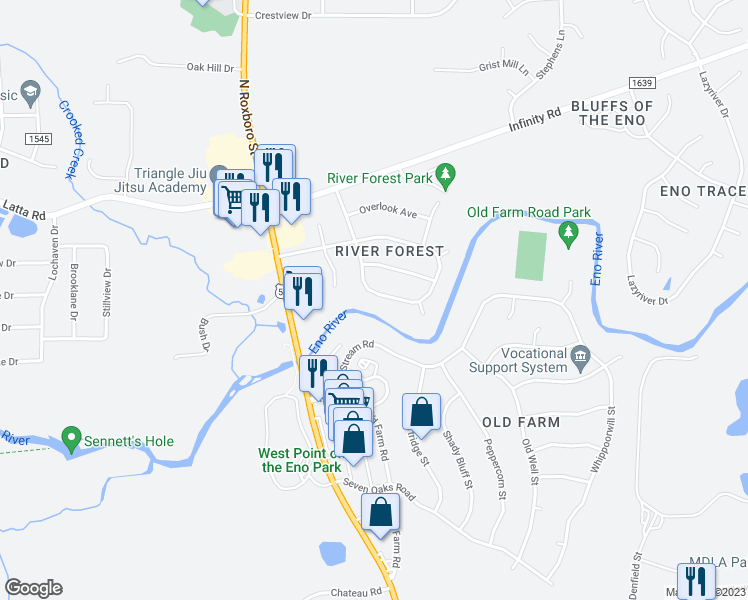 map of restaurants, bars, coffee shops, grocery stores, and more near 4721 High Meadow Road in Durham