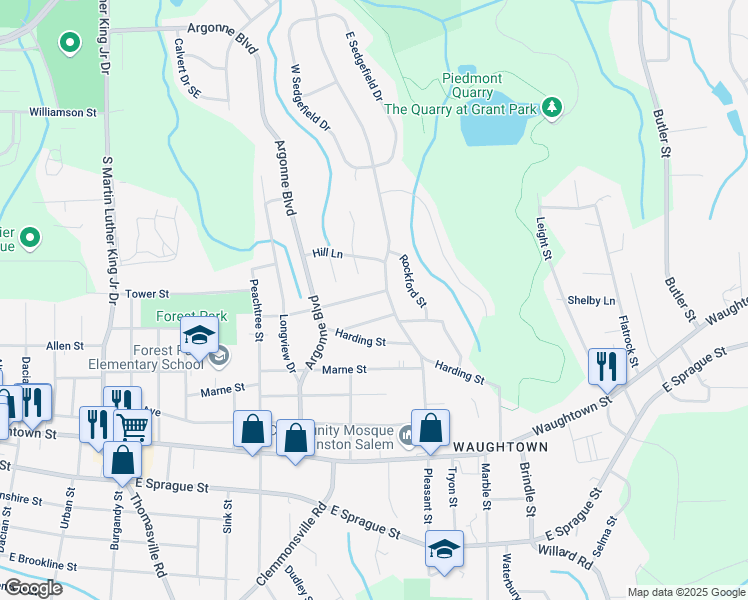 map of restaurants, bars, coffee shops, grocery stores, and more near 1429 Donald Street in Winston-Salem