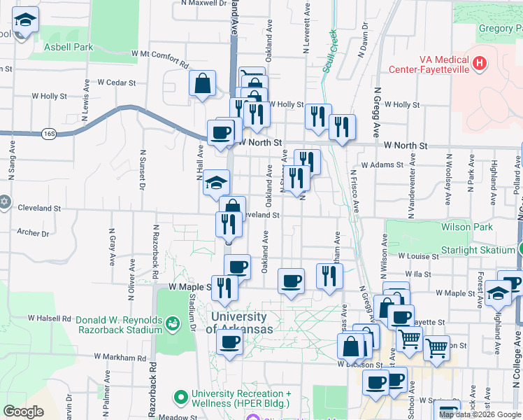map of restaurants, bars, coffee shops, grocery stores, and more near 901 Cleveland Street in Fayetteville