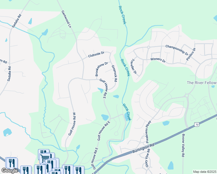 map of restaurants, bars, coffee shops, grocery stores, and more near 714 Golf House Road East in Whitsett