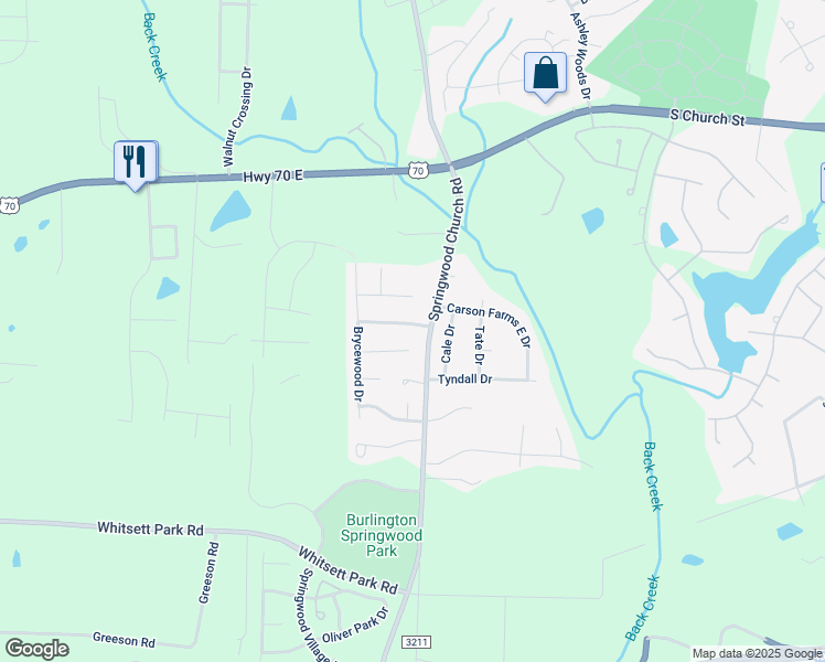 map of restaurants, bars, coffee shops, grocery stores, and more near 105 Carson Farms West Drive in Burlington