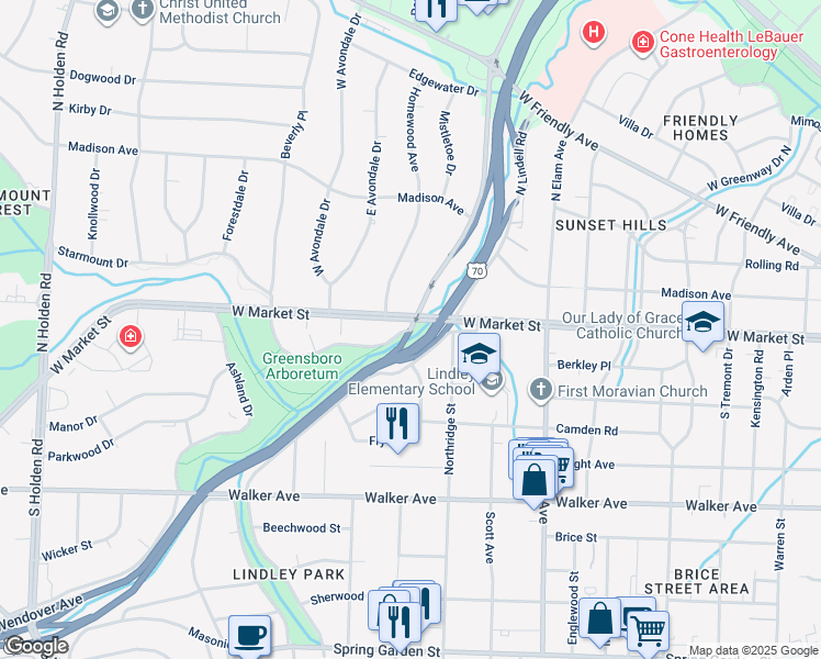 map of restaurants, bars, coffee shops, grocery stores, and more near 0 Green Valley Road in Greensboro