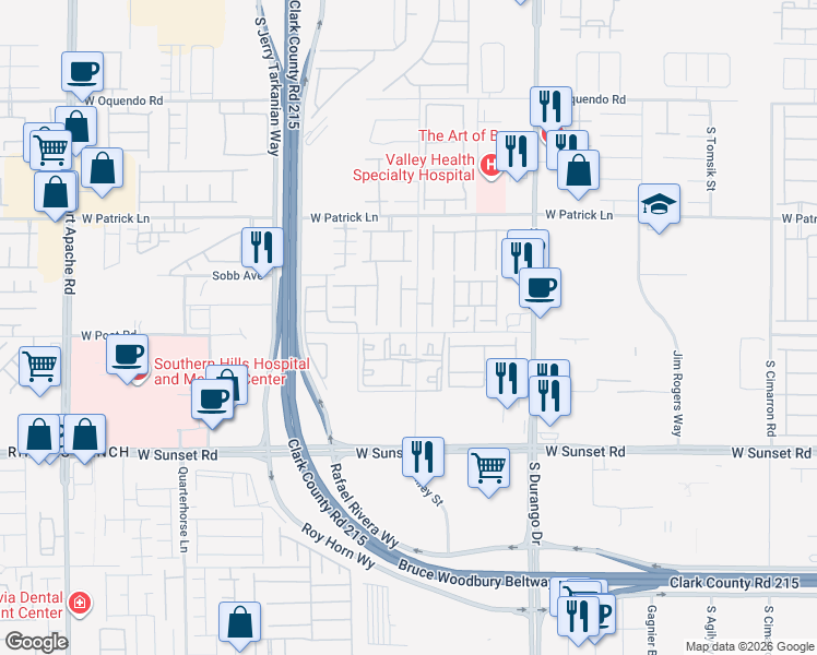 map of restaurants, bars, coffee shops, grocery stores, and more near 6355 South Riley Street in Las Vegas