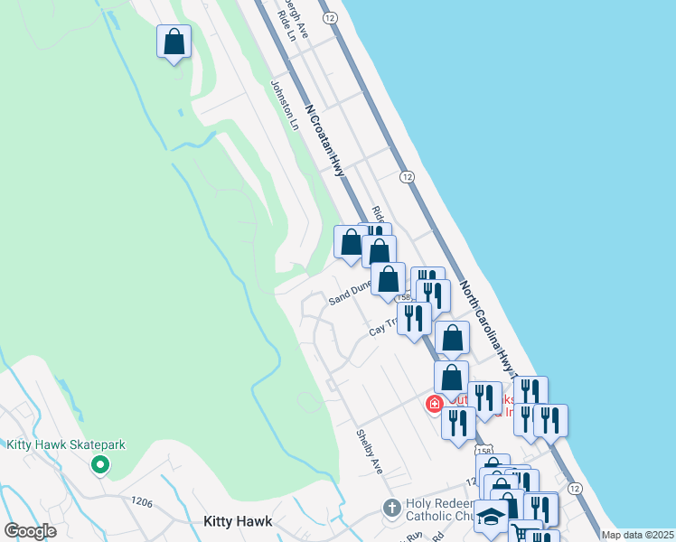 map of restaurants, bars, coffee shops, grocery stores, and more near 1600 Sand Dollar Circle in Kitty Hawk
