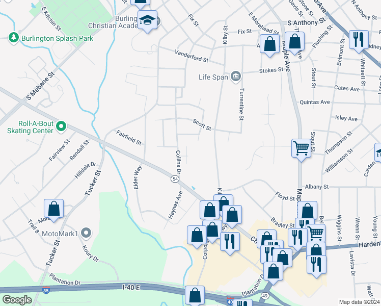 map of restaurants, bars, coffee shops, grocery stores, and more near 1414 Collins Drive in Burlington