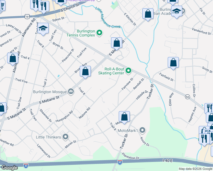 map of restaurants, bars, coffee shops, grocery stores, and more near 1814 Malone Road in Burlington