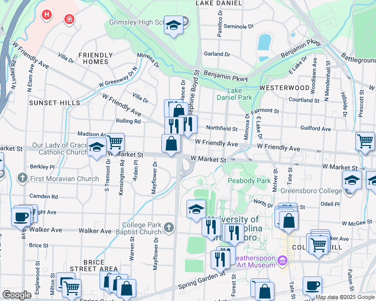 map of restaurants, bars, coffee shops, grocery stores, and more near 1601 West Market Street in Greensboro