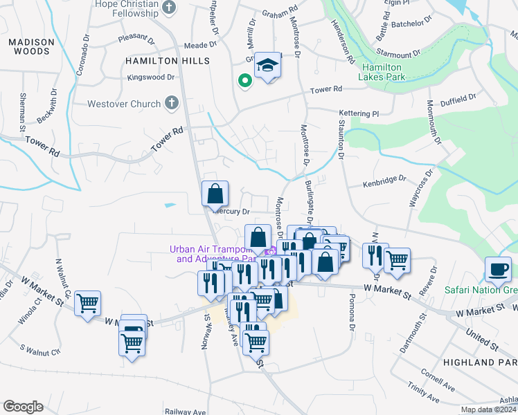 map of restaurants, bars, coffee shops, grocery stores, and more near 5012 Brompton Drive in Greensboro