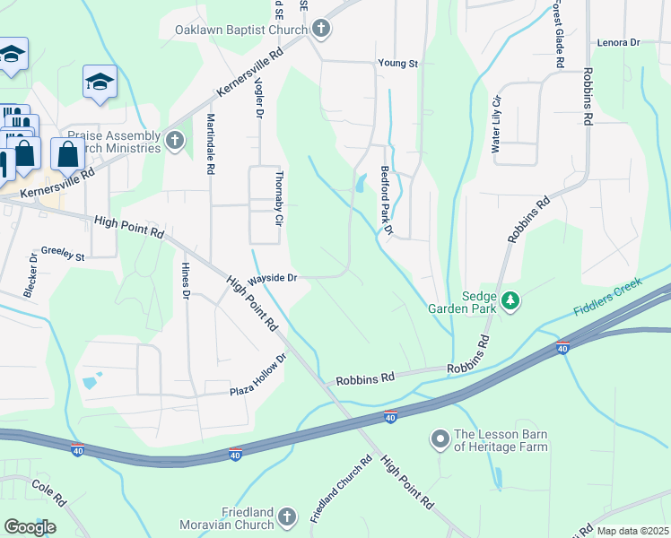 map of restaurants, bars, coffee shops, grocery stores, and more near 224 Wayside Drive in Winston-Salem