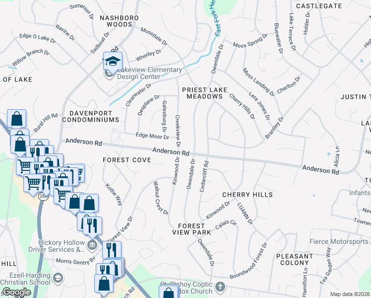map of restaurants, bars, coffee shops, grocery stores, and more near 2904 Owendale Drive in Nashville