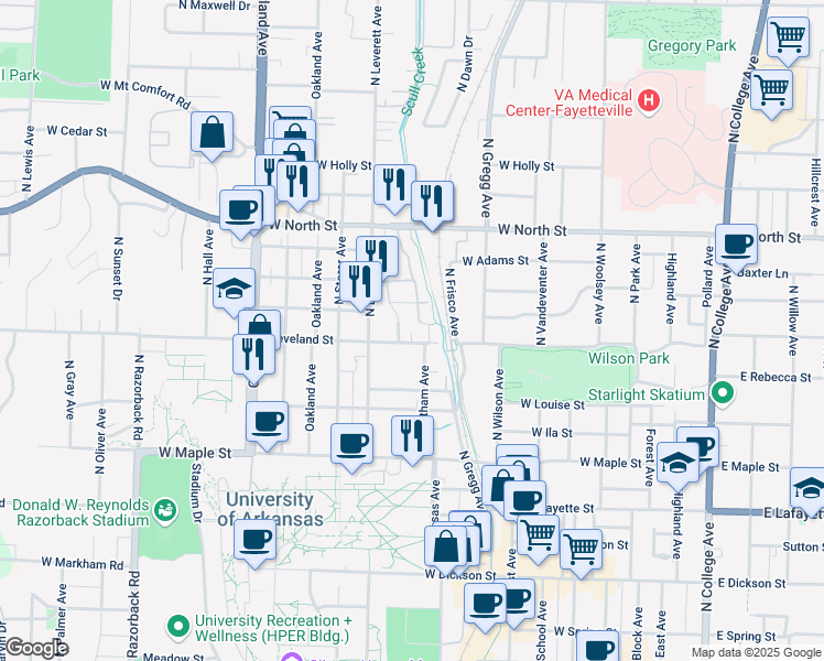 map of restaurants, bars, coffee shops, grocery stores, and more near 729 Cleveland Street in Fayetteville