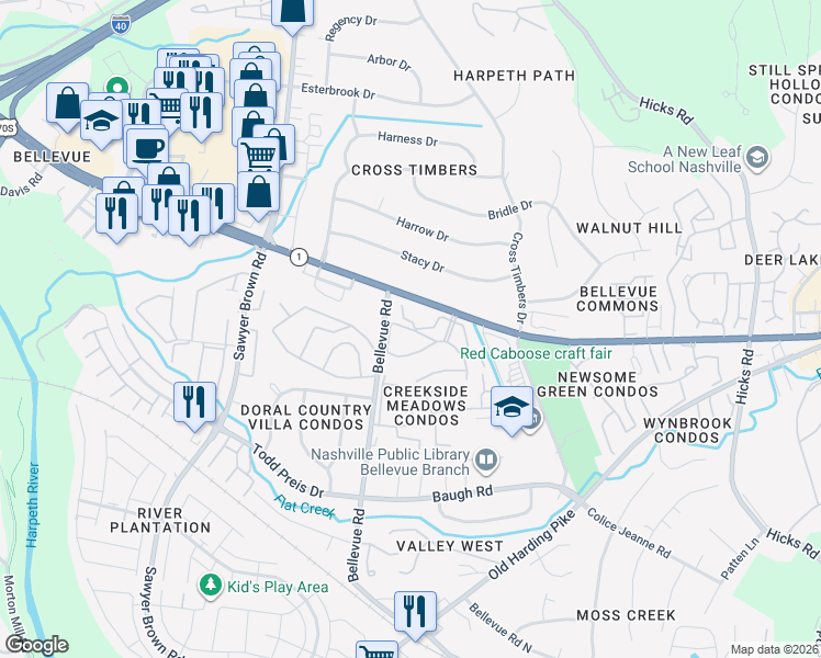 map of restaurants, bars, coffee shops, grocery stores, and more near 7439 Highway 70 South in Nashville