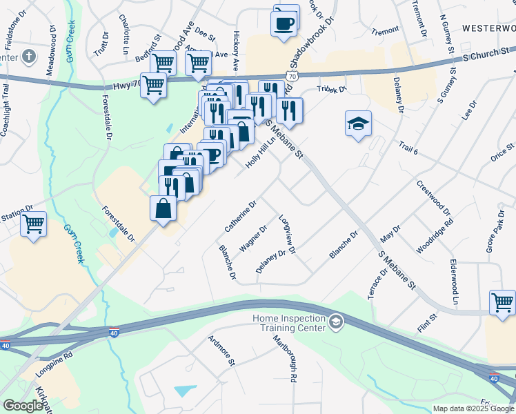 map of restaurants, bars, coffee shops, grocery stores, and more near 2604 Catherine Drive in Burlington